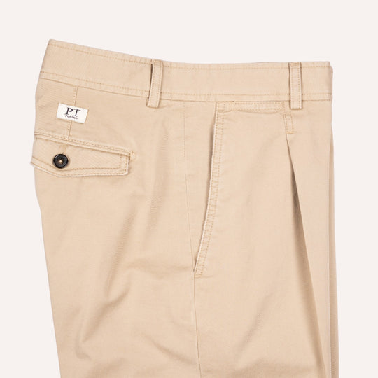 Washed Khaki Cotton One Pleat Officer Chino - Tapered Fit