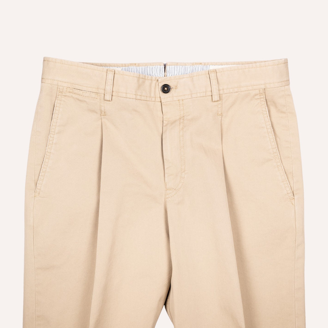Washed Khaki Cotton One Pleat Officer Chino - Tapered Fit
