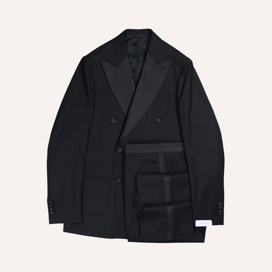 Black High Twist Wool Double-Breasted Peak Lapel Tuxedo