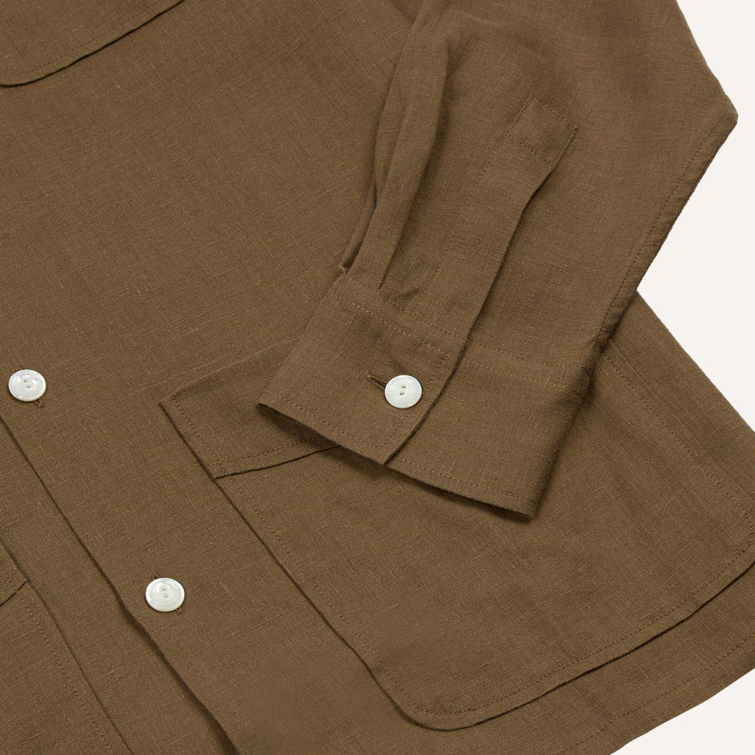 Khaki Linen Four-Pocket Camp Collar Work Shirt