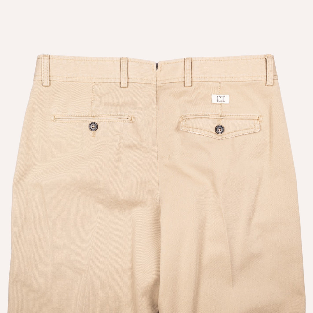 Washed Khaki Cotton One Pleat Officer Chino - Tapered Fit