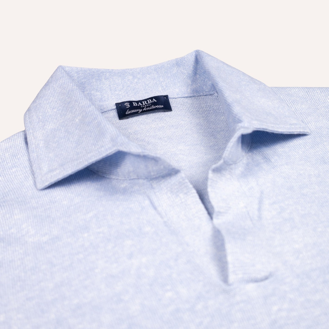 Ice Blue Linen Cotton Long Sleeve Polo