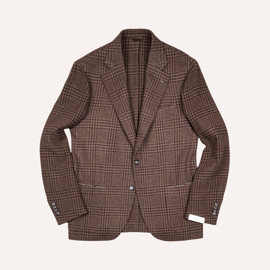 A brown and beige plaid blazer jacket with a subtle checkered pattern, shown flat against a light cream background.