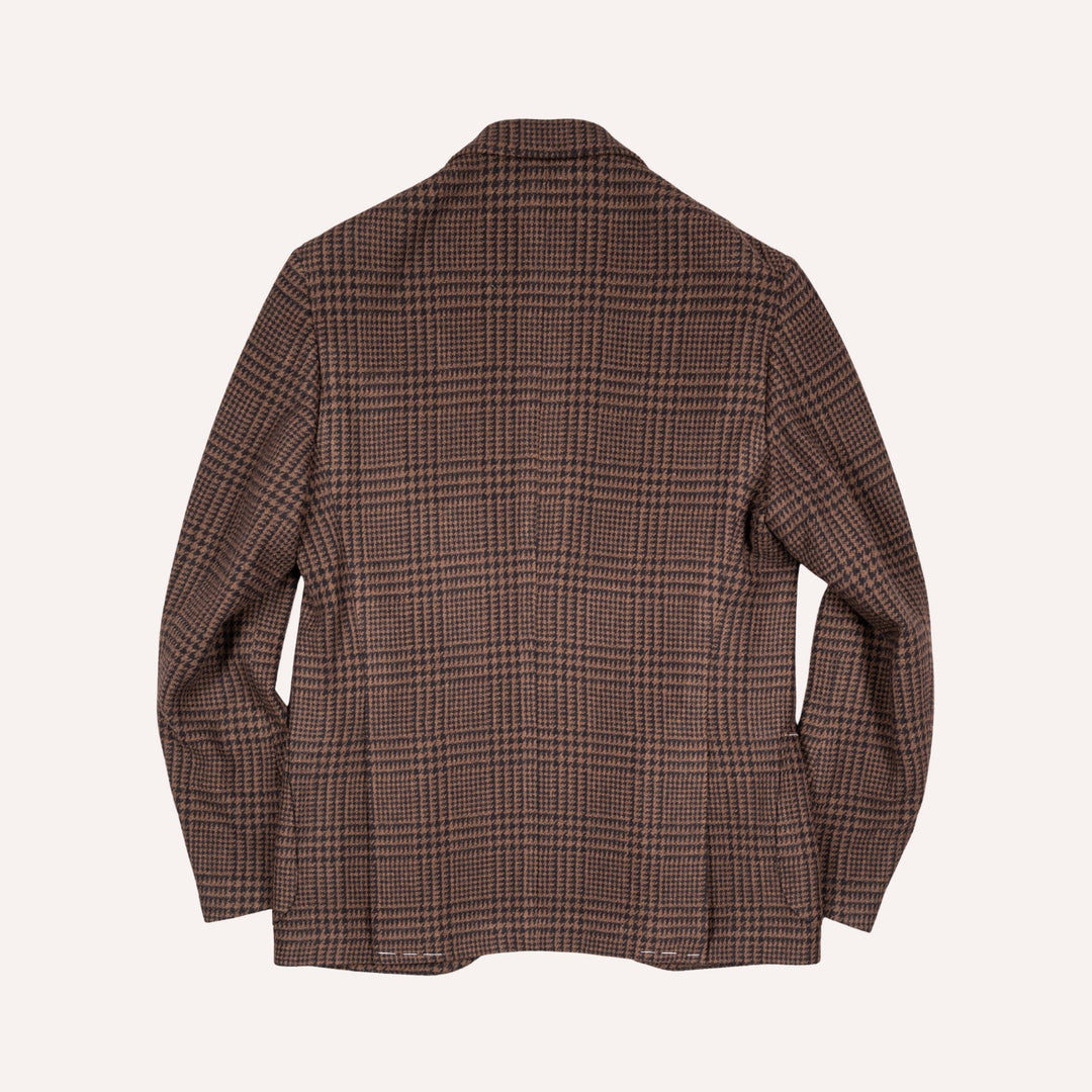 A brown and black plaid blazer shown from the back, displayed on a clean off-white background.