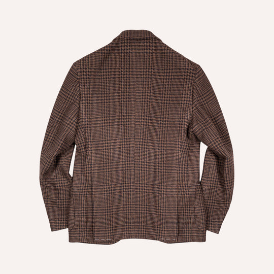 A brown and black plaid blazer shown from the back, displayed on a clean off-white background.