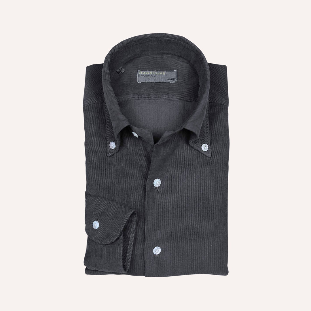 Dark Grey Cotton Corduroy Button Down Shirt - Slim Fit