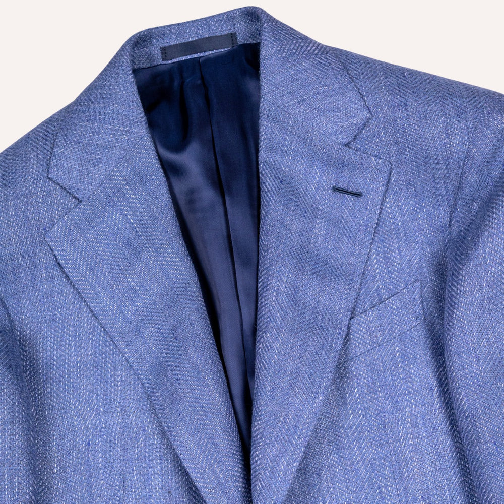 Mid Blue Linen Wool Herringbone Aida Blazer
