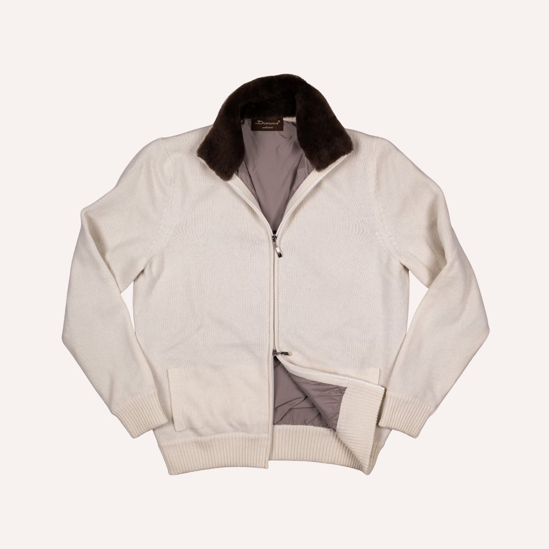 Off White Wool Cashmere Lined Zip Cardigan