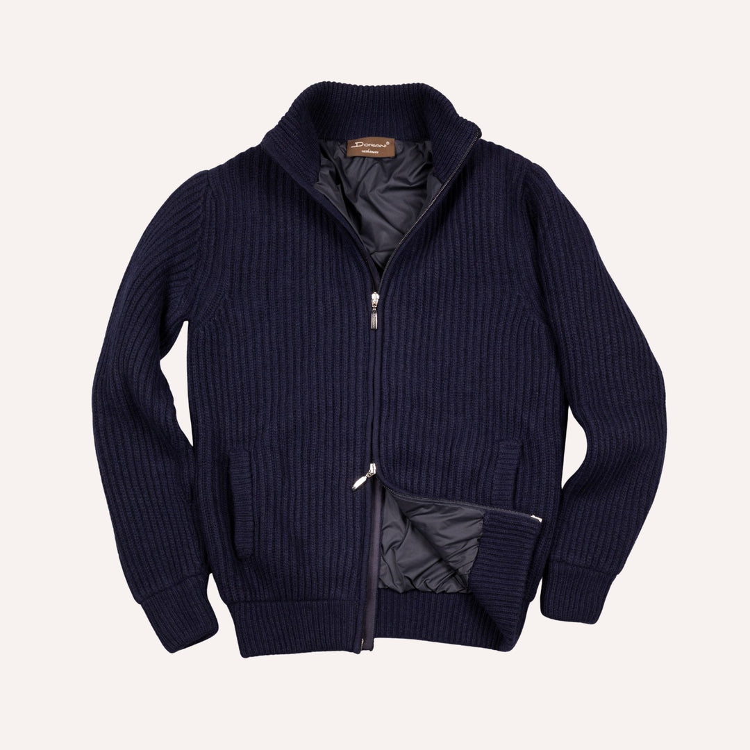 Navy Cashmere Wool Lined Zip Cardigan