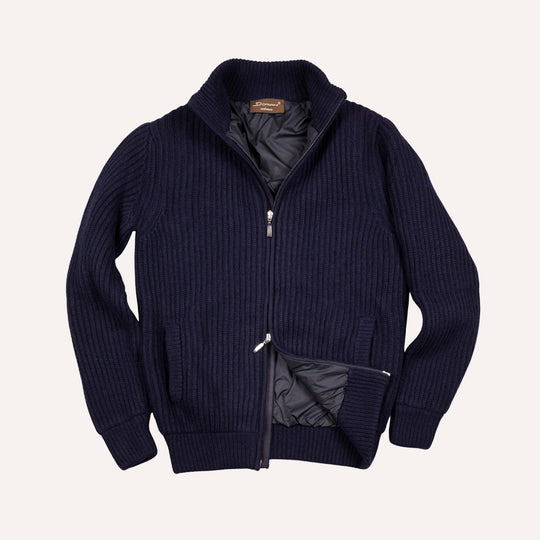 Navy Cashmere Wool Lined Zip Cardigan