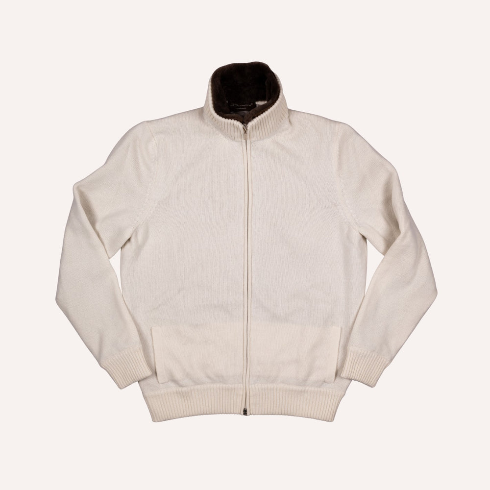 Off White Wool Cashmere Lined Zip Cardigan