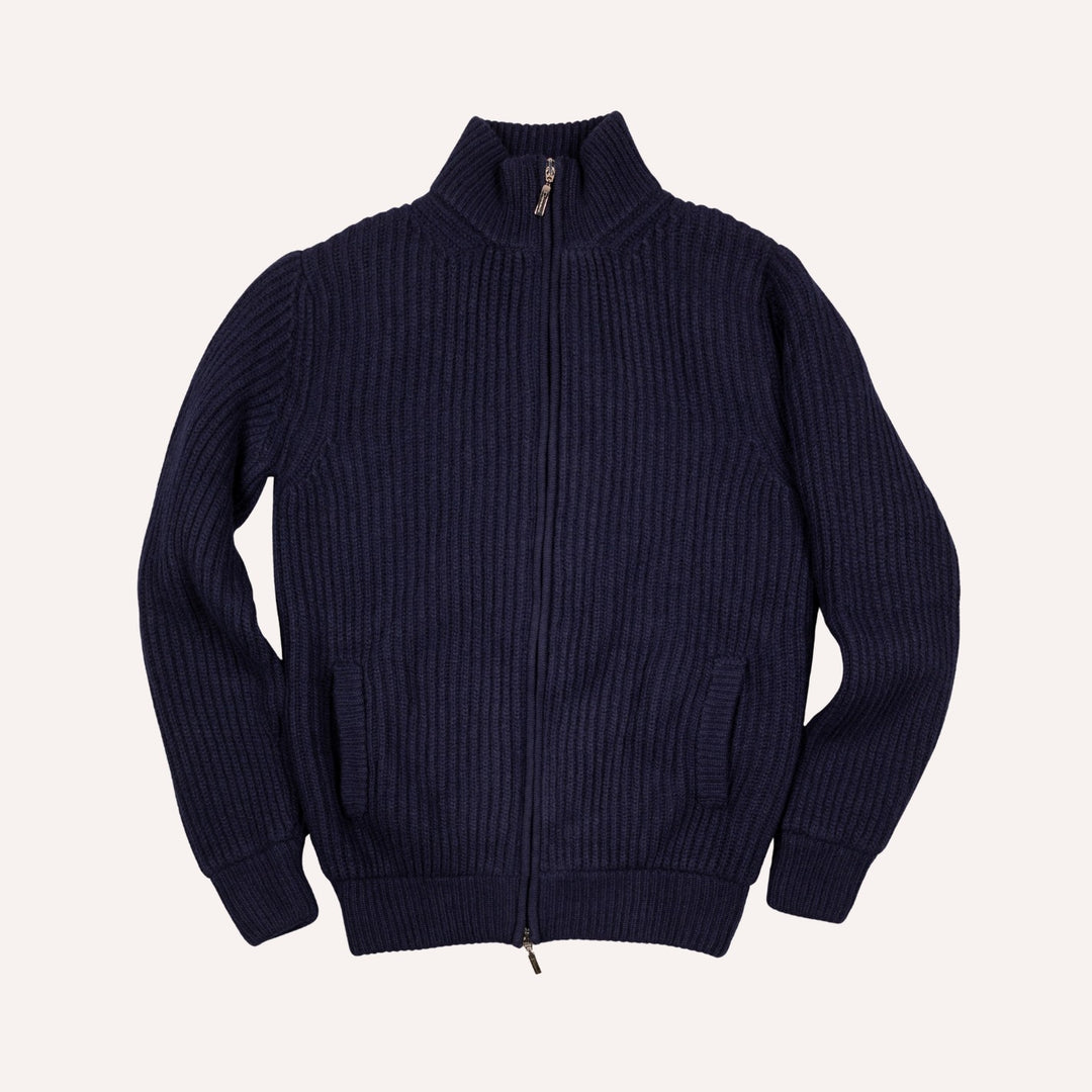 Navy Cashmere Wool Lined Zip Cardigan