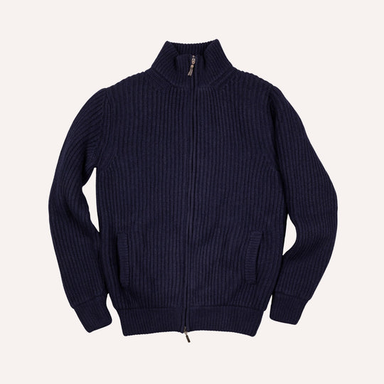 Navy Cashmere Wool Lined Zip Cardigan