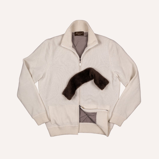 Off White Wool Cashmere Lined Zip Cardigan