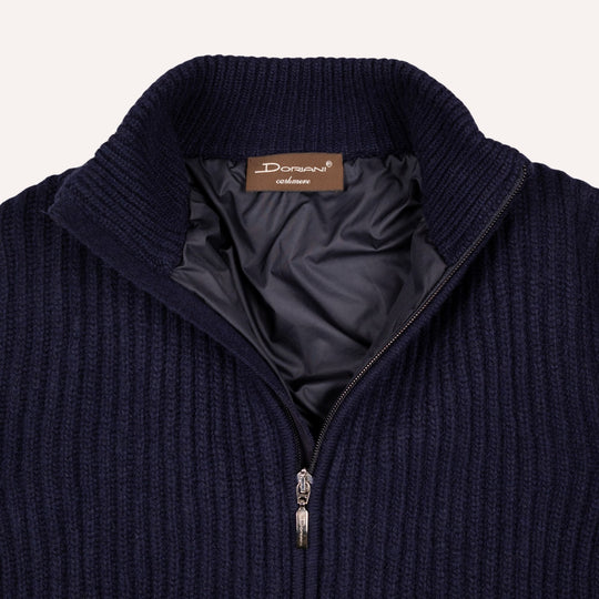 Navy Cashmere Wool Lined Zip Cardigan