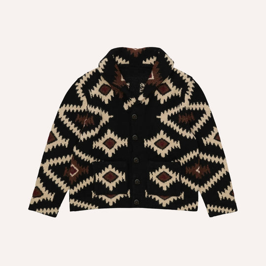 Black Wool Cardigan with Navajo Motif - Regular Fit