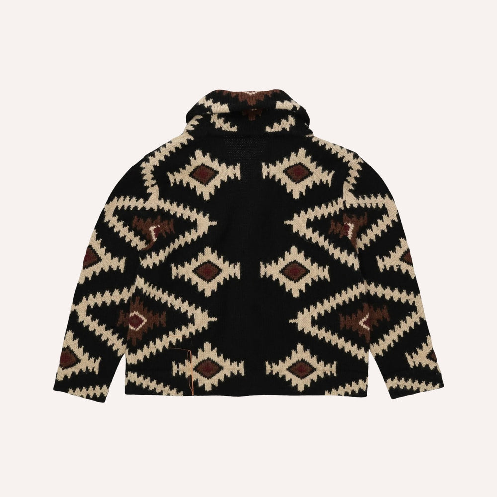 Black Wool Cardigan with Navajo Motif - Regular Fit