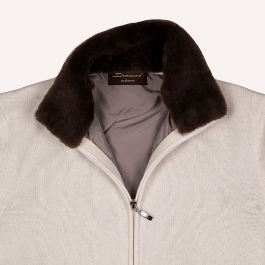 Off White Wool Cashmere Lined Zip Cardigan