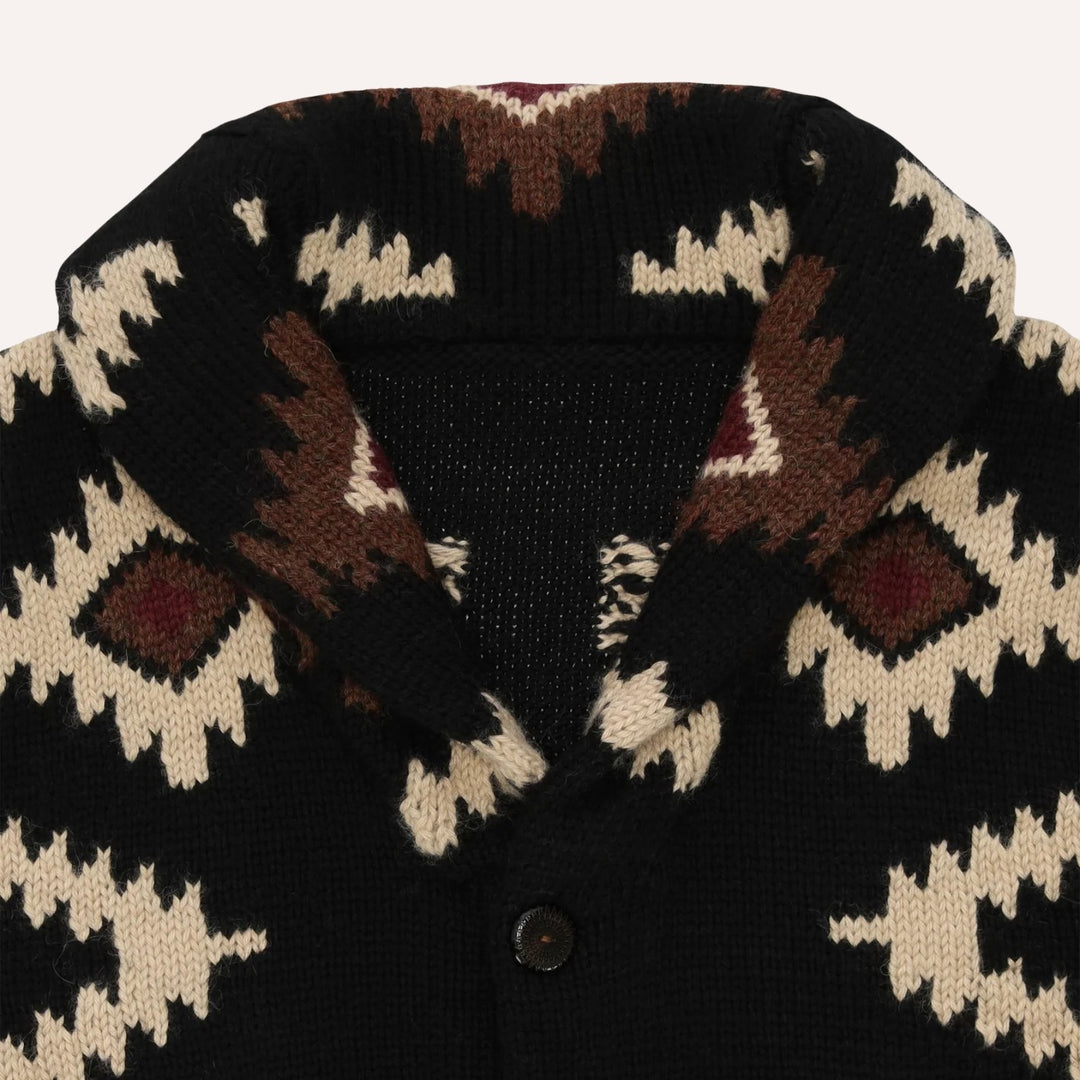 Black Wool Cardigan with Navajo Motif - Regular Fit