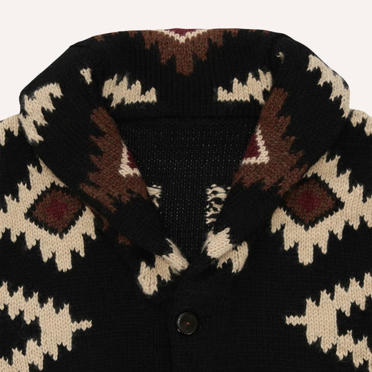 Black Wool Cardigan with Navajo Motif - Regular Fit