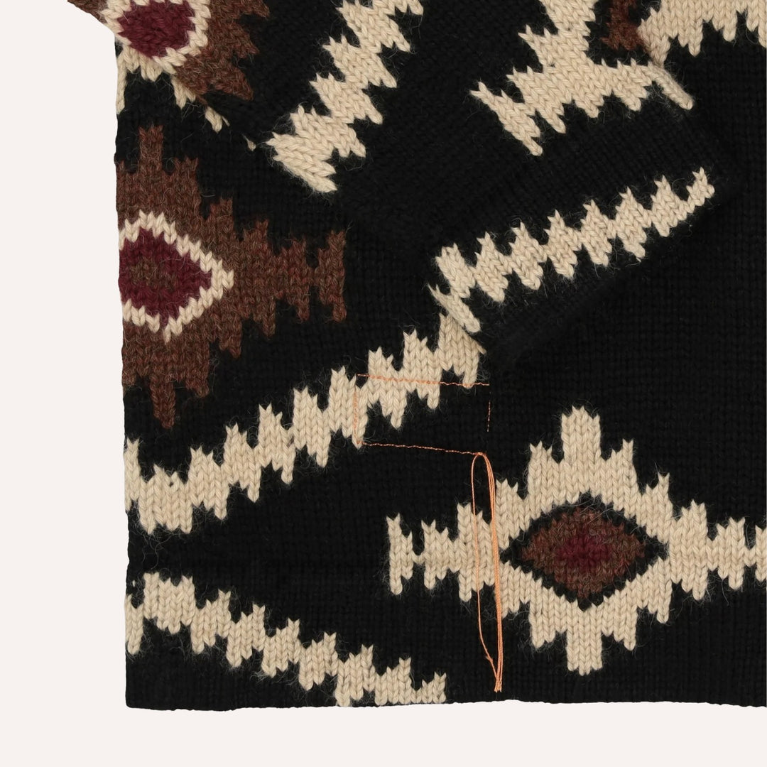 Black Wool Cardigan with Navajo Motif - Regular Fit