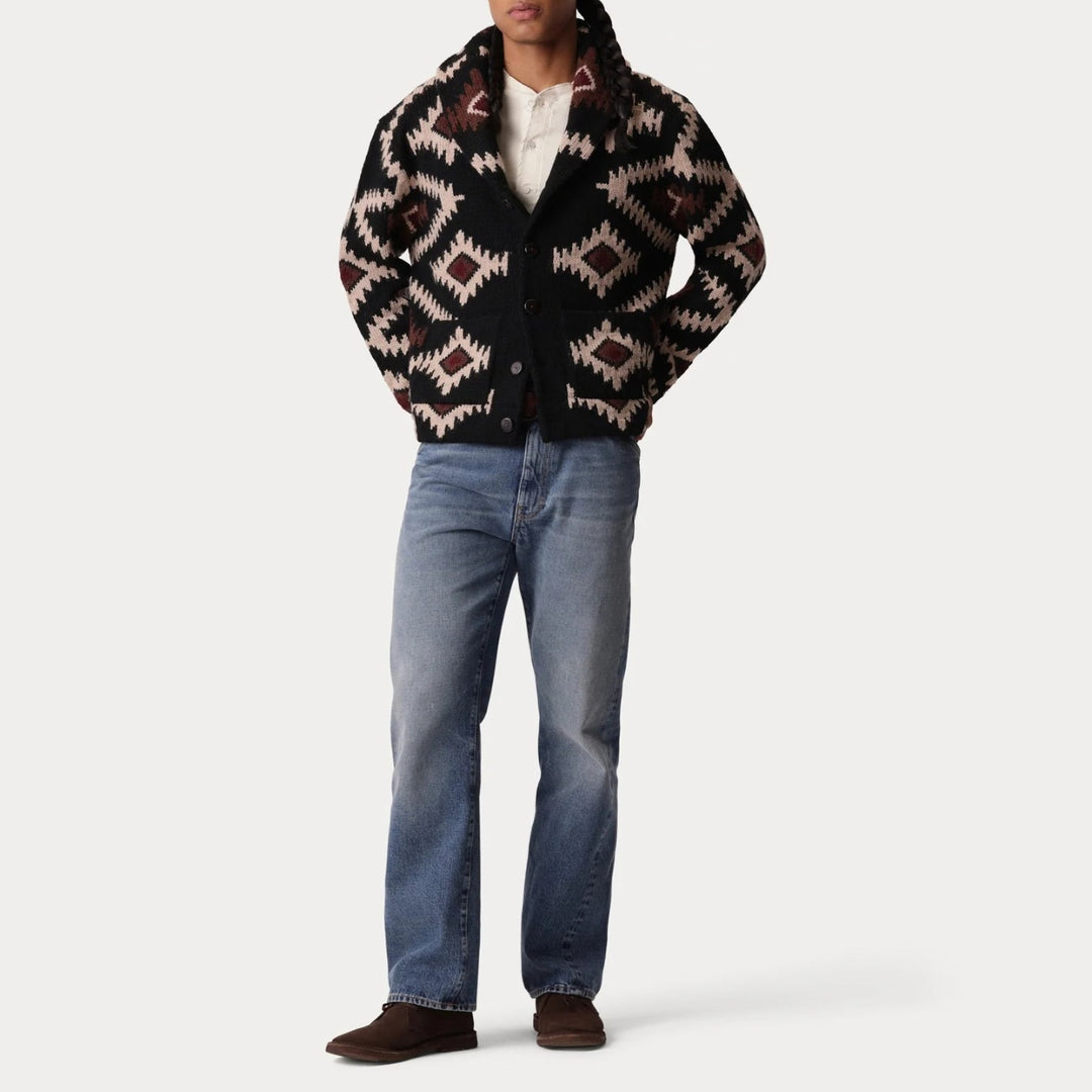 Black Wool Cardigan with Navajo Motif - Regular Fit