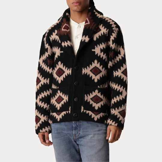 Black Wool Cardigan with Navajo Motif - Regular Fit
