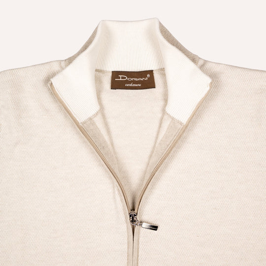 Beige Cotton Cashmere Full Zip Sweater
