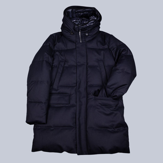 Navy Down Padded Wool Flannel Hooded Puffer