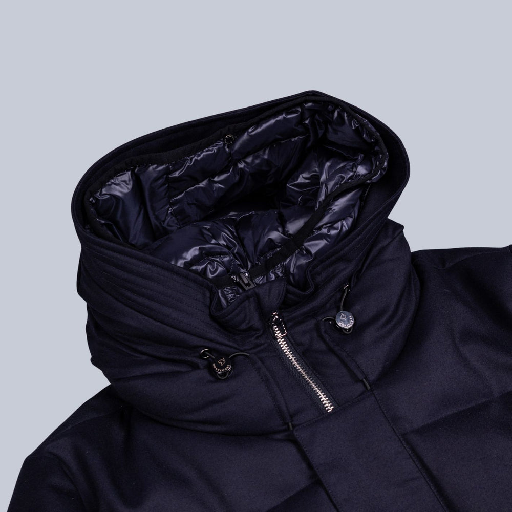 Navy Down Padded Wool Flannel Hooded Puffer
