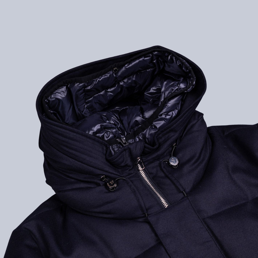 Navy Down Padded Wool Flannel Hooded Puffer