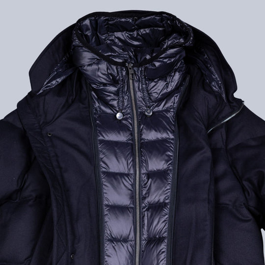 Navy Down Padded Wool Flannel Hooded Puffer