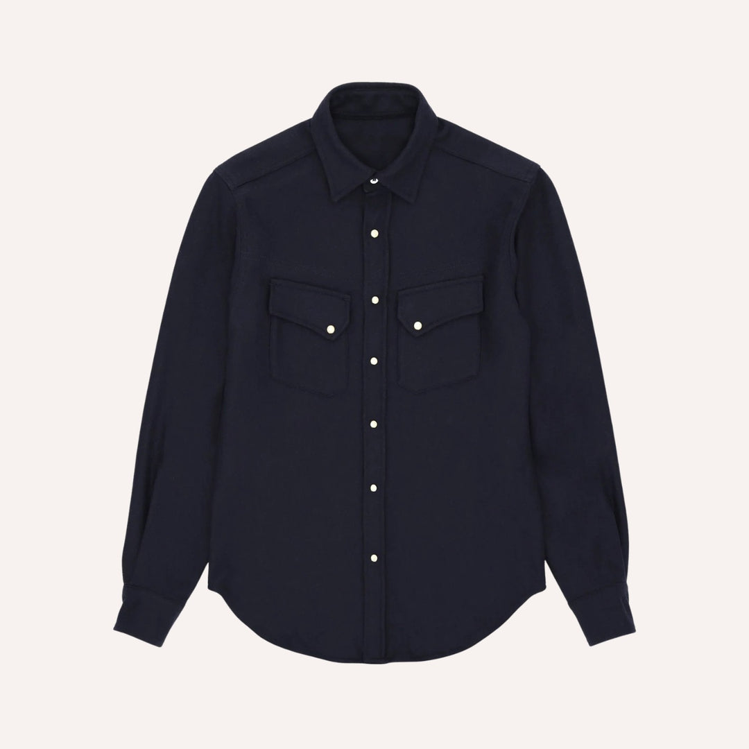 Navy Flannel Western Shirt - Slim Fit