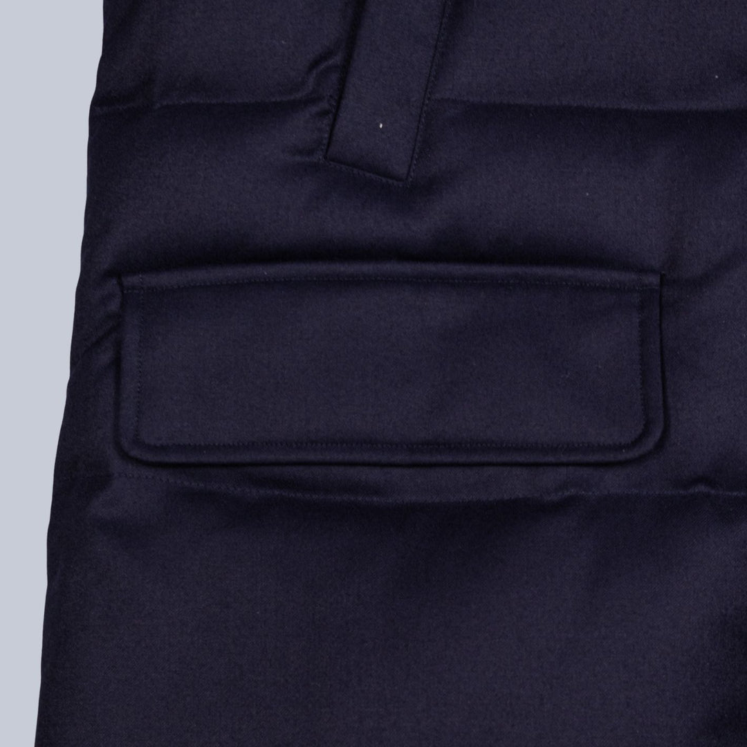Navy Down Padded Wool Flannel Hooded Puffer