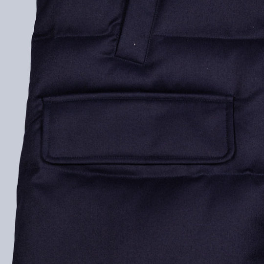 Navy Down Padded Wool Flannel Hooded Puffer