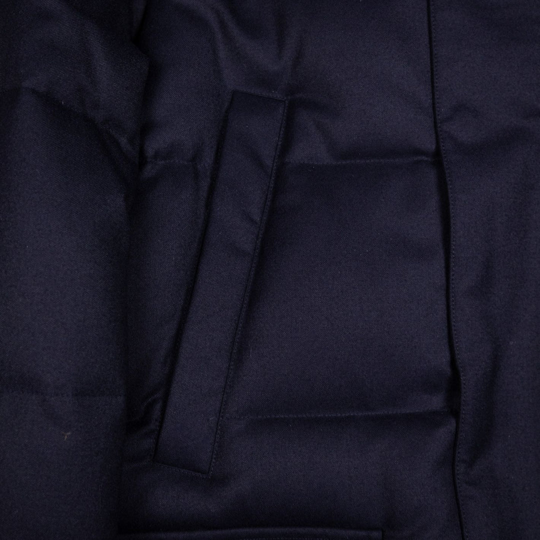 Navy Down Padded Wool Flannel Hooded Puffer