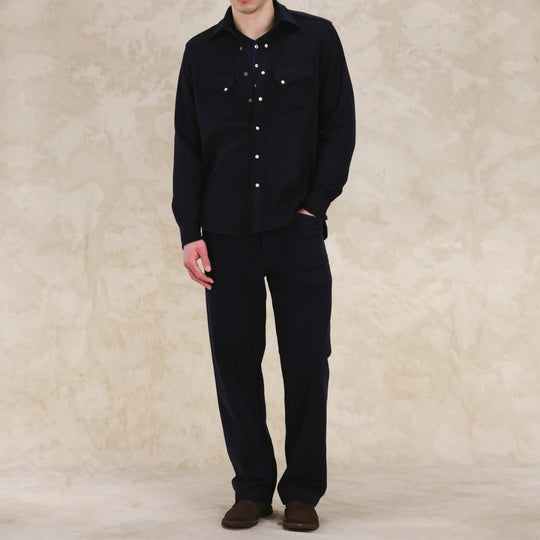 Navy Flannel Western Shirt - Slim Fit