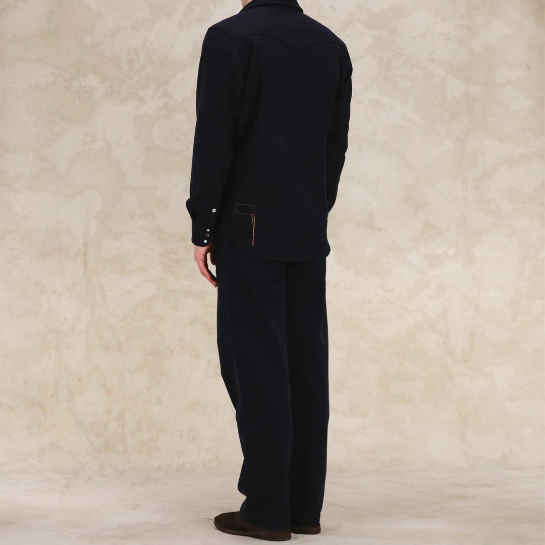 Navy Flannel Western Shirt - Slim Fit