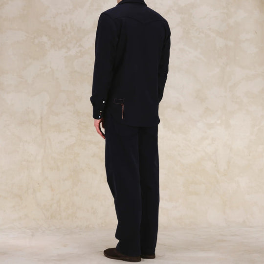 Navy Flannel Western Shirt - Slim Fit