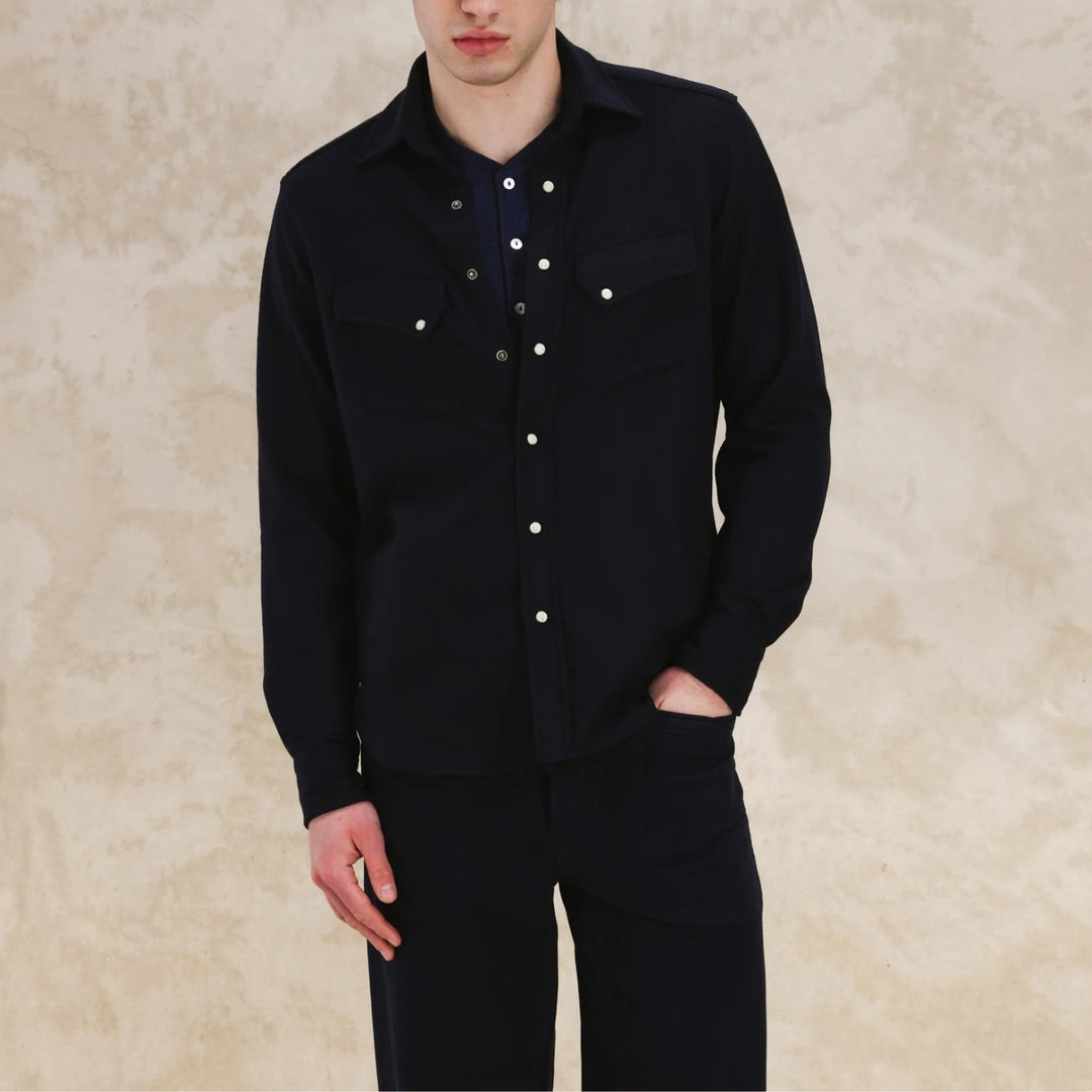 Navy Flannel Western Shirt - Slim Fit