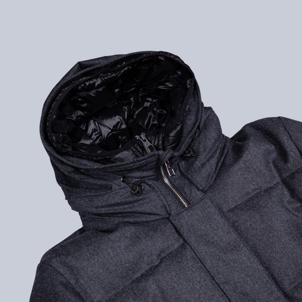 Grey Down Padded Wool Flannel Hooded Puffer