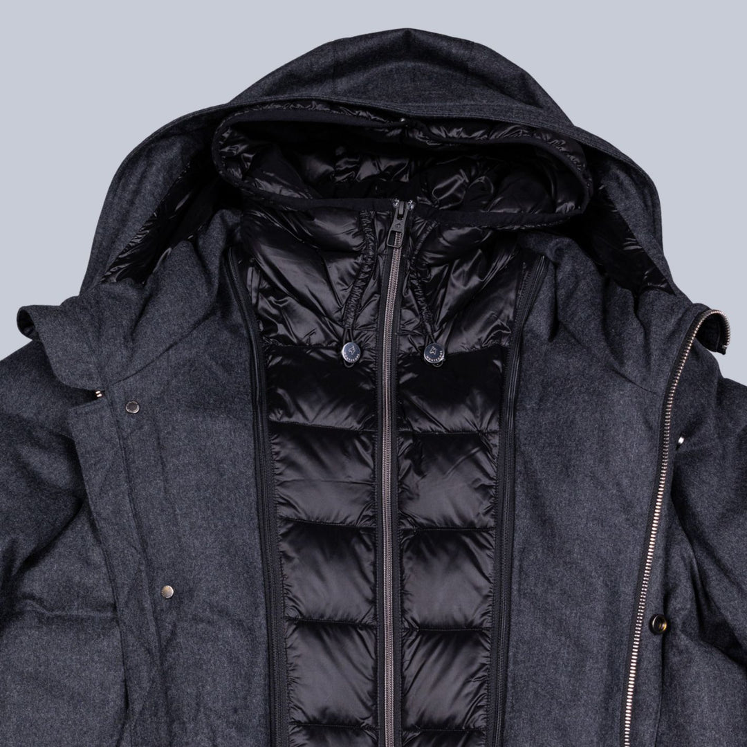 Grey Down Padded Wool Flannel Hooded Puffer