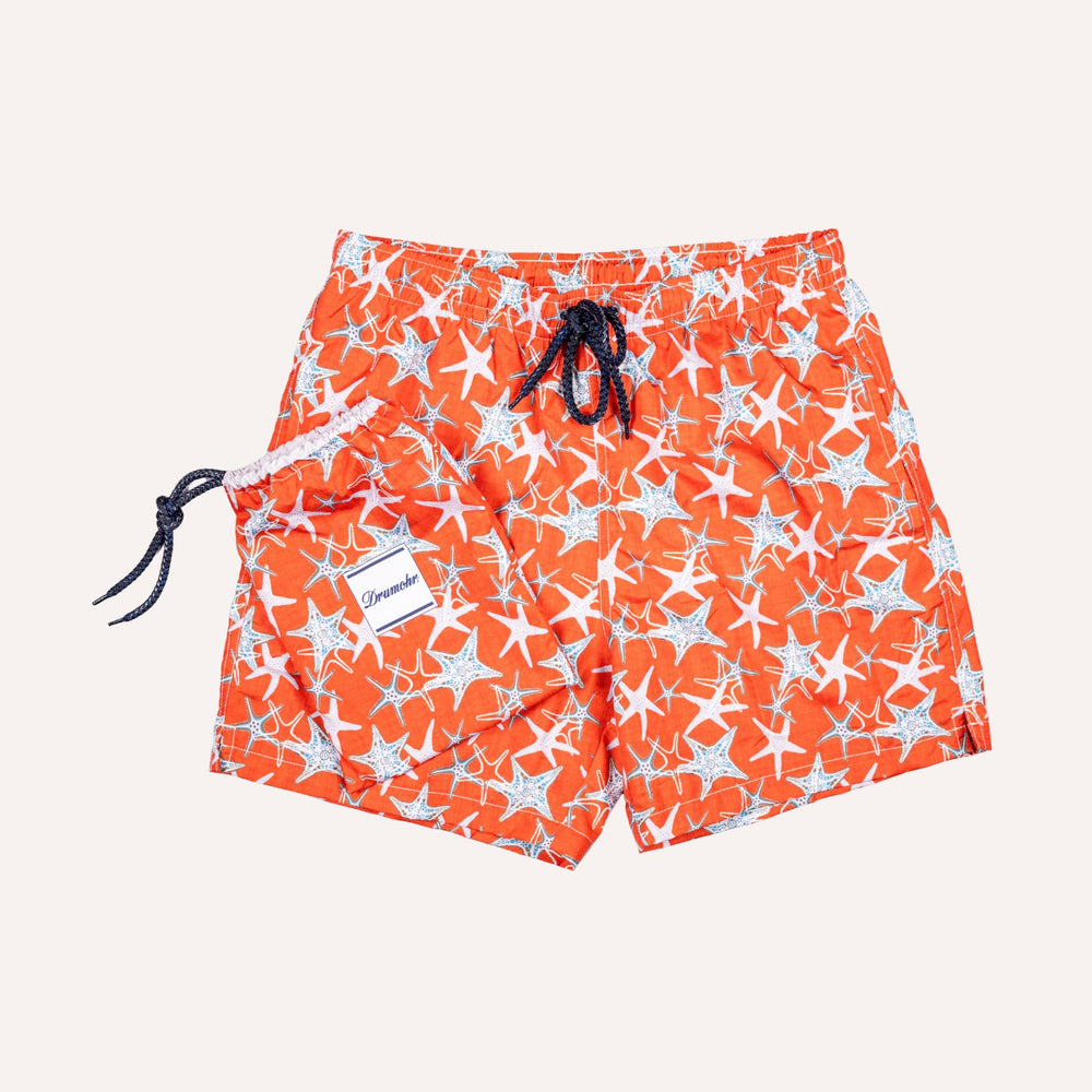 Coral Red Starfish Printed Swim Shorts