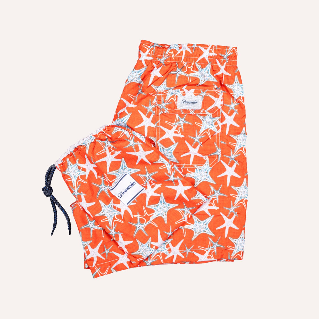 Coral Red Starfish Printed Swim Shorts