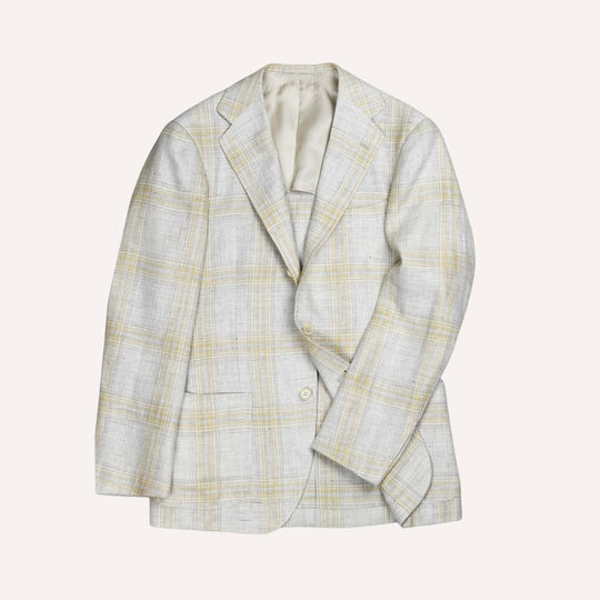 Beige Yellow Checked Linen Wool Blazer
