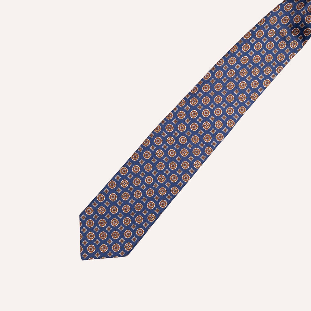 Blue & Brown Medallion Pattern Silk Tie