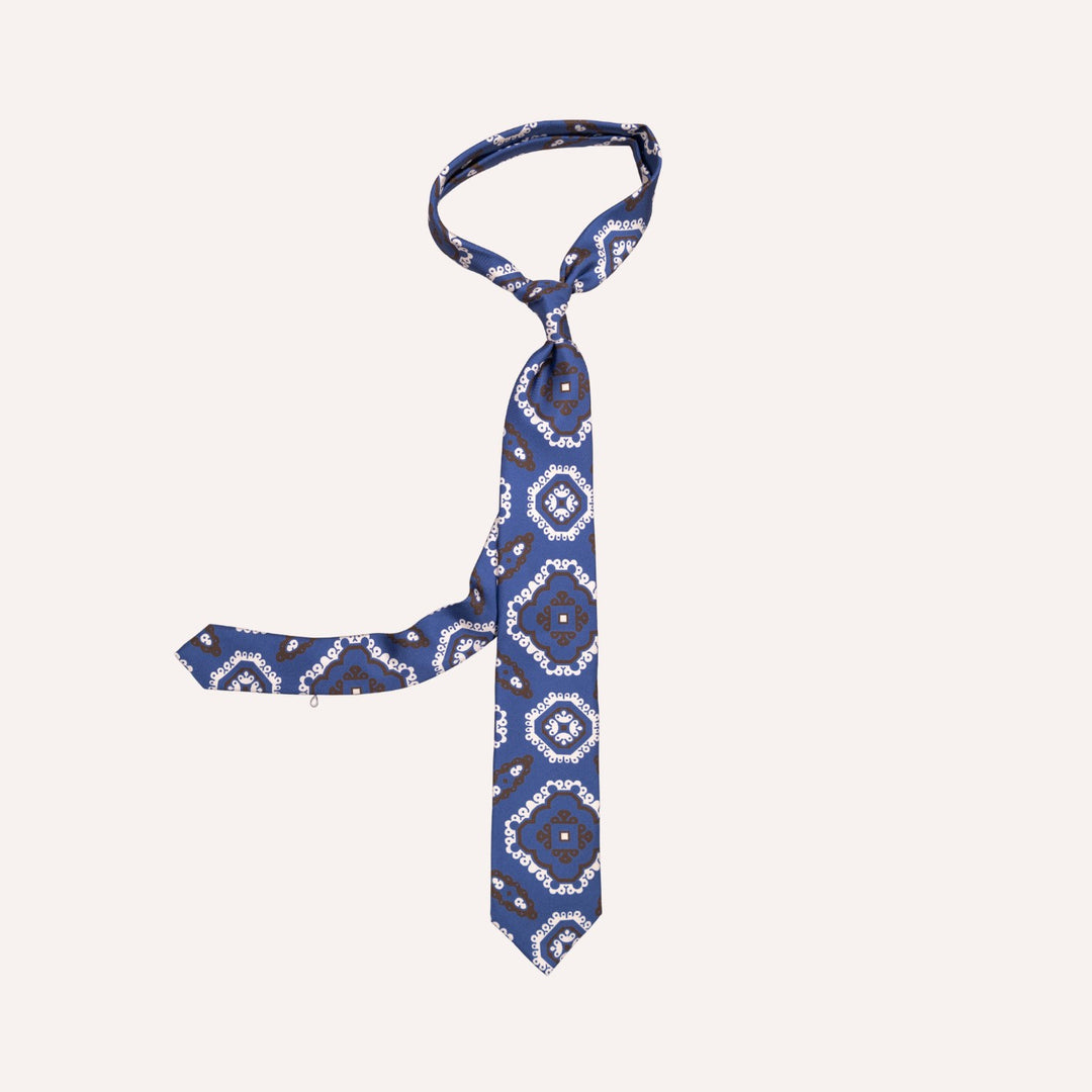 Blue, Brown & White Ornamental Medallion Pattern Silk Tie