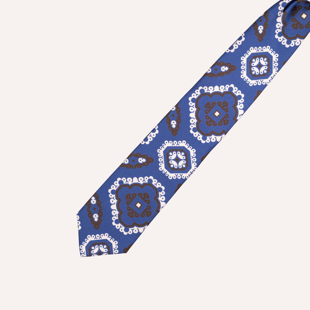 Blue, Brown & White Ornamental Medallion Pattern Silk Tie