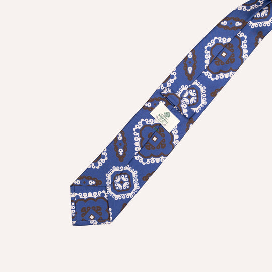 Blue, Brown & White Ornamental Medallion Pattern Silk Tie