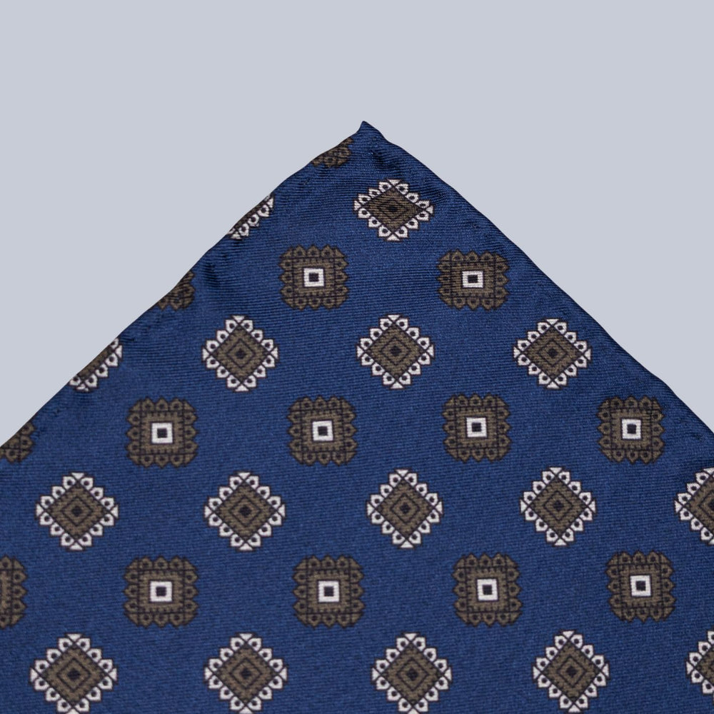 Navy Brown & Cream Medallion Pattern Pocket Square
